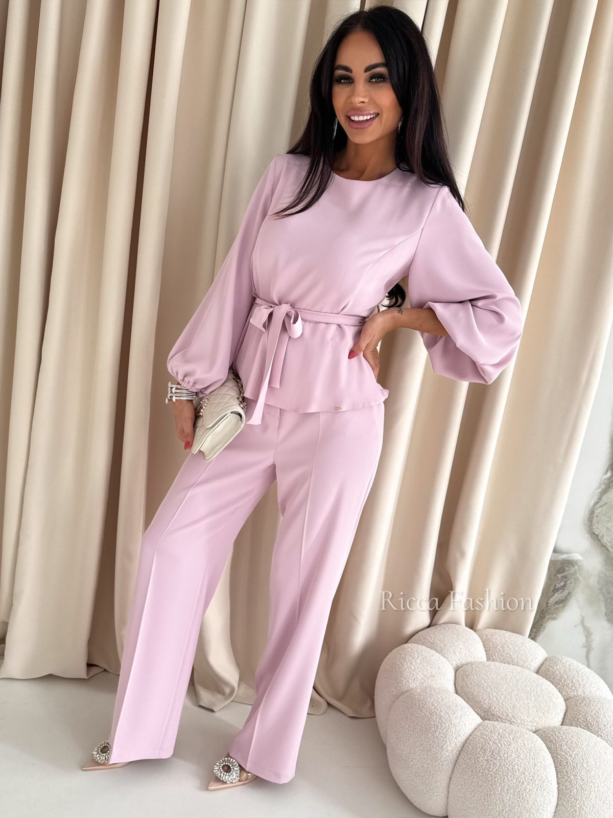 Elegancki komplet bluzka + spodnie BEATRICE. powder pink