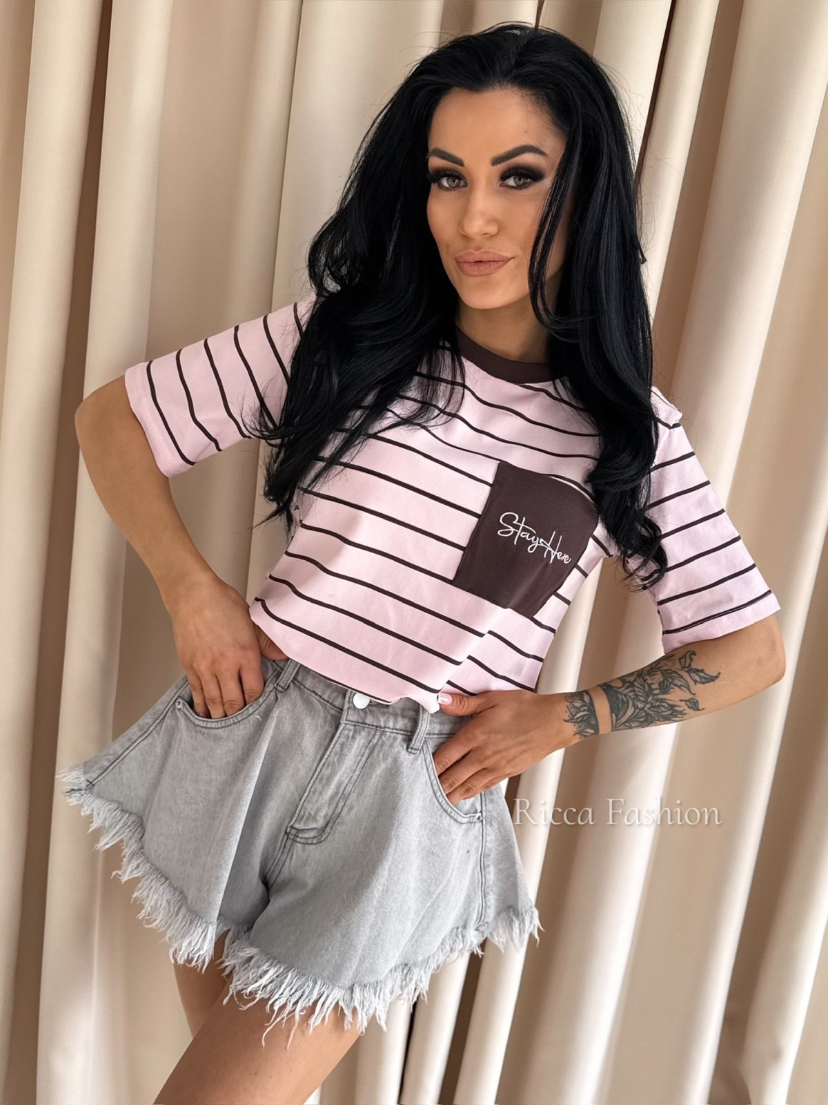T-shirt CHICAGO STRIPS,powder pink/chocolate