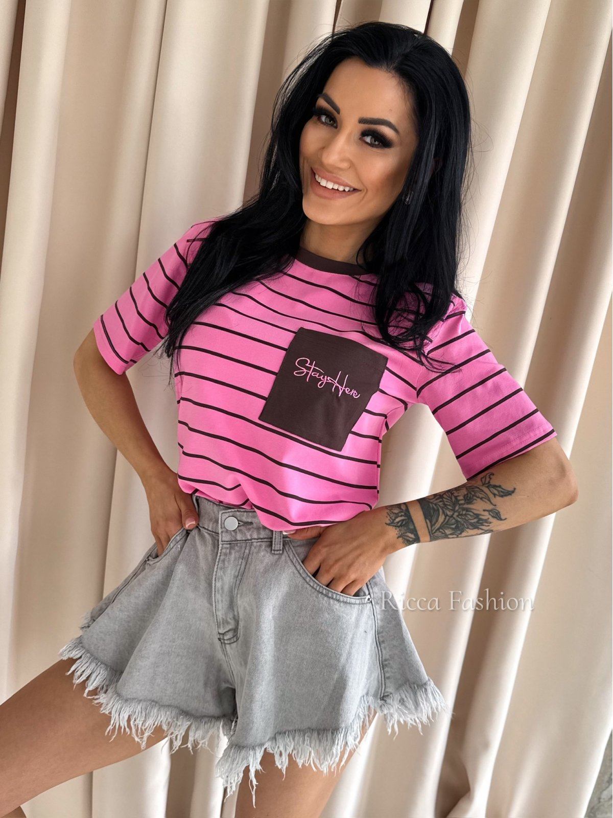 T-shirt CHICAGO STRIPS,barbie pink/chocolate