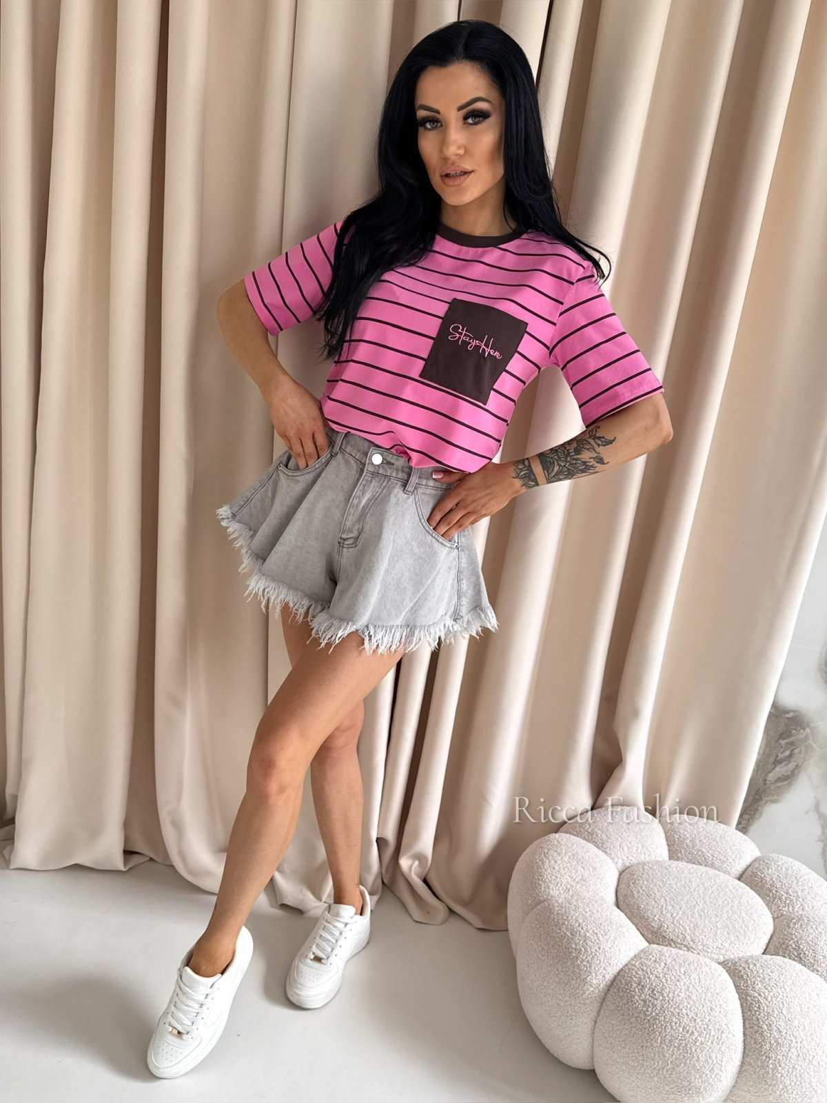 T-shirt CHICAGO STRIPS,barbie pink/chocolate