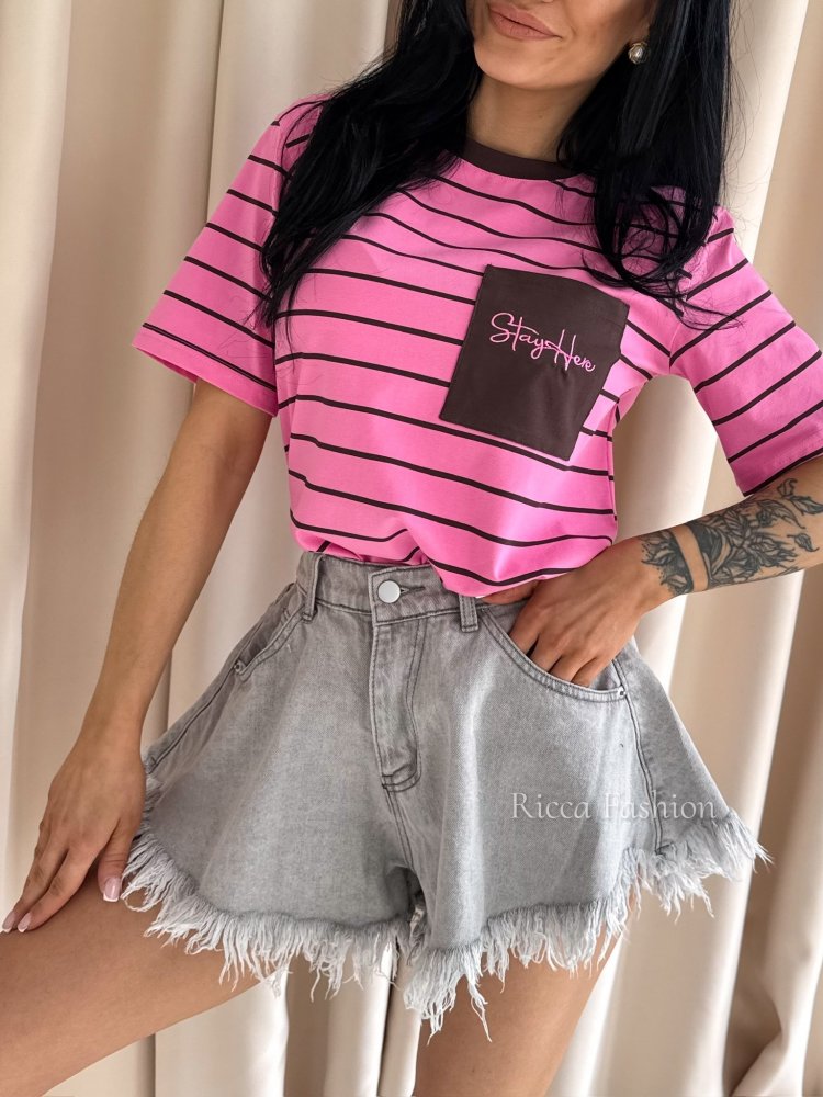 T-shirt CHICAGO STRIPS,barbie pink/chocolate