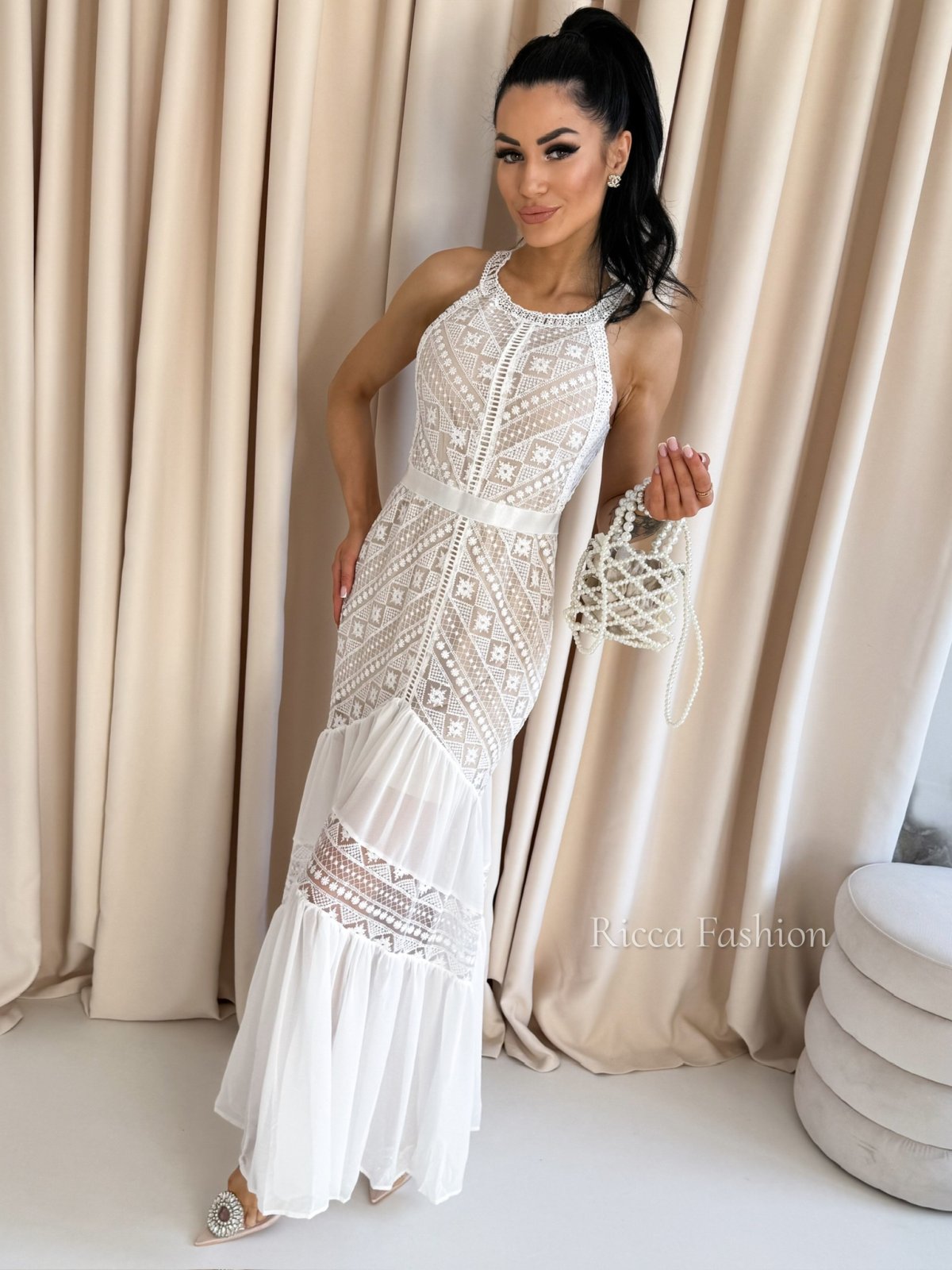 Sukienka maxi boho  koronkowa VANILA, white/nude