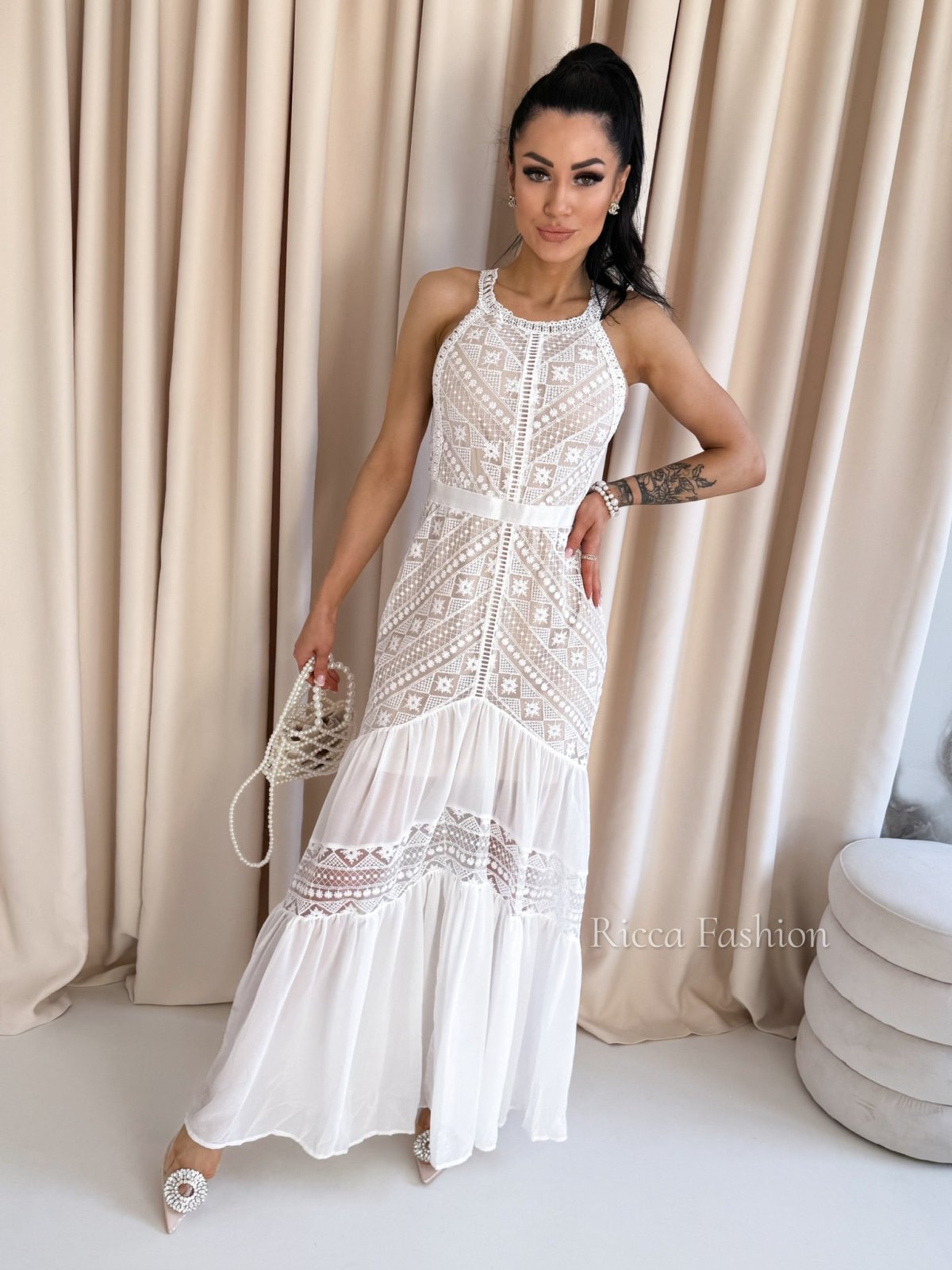 Sukienka maxi boho  koronkowa VANILA, white/nude