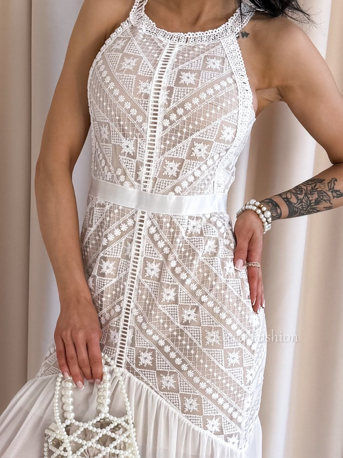 Sukienka maxi boho  koronkowa VANILA, white/nude