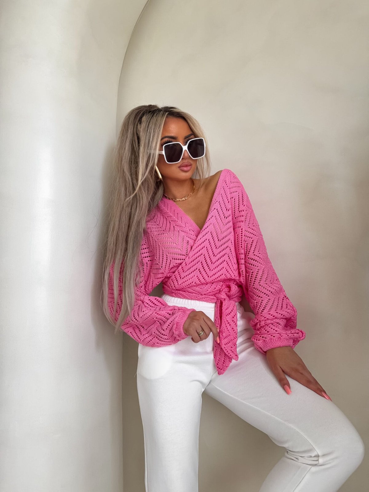 Kimono AŻUROWE jodełka – barbi róż