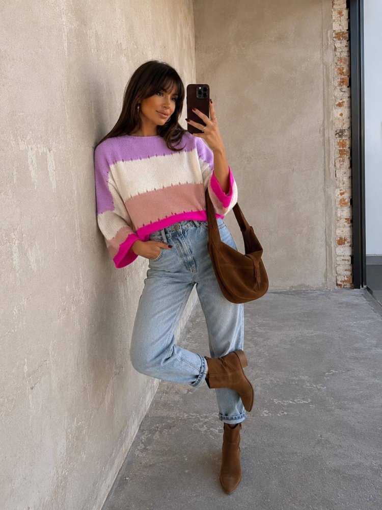 Sweter SOFT pasy – lila-ecru