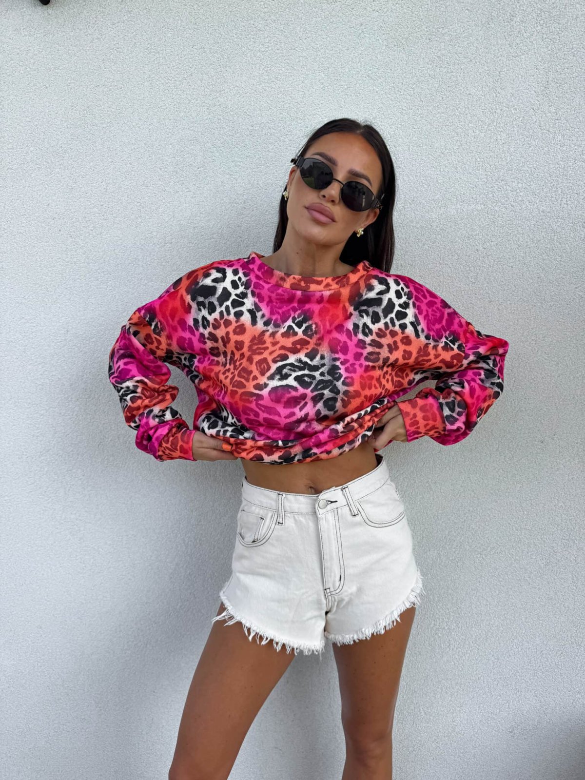 Bluza LORENA print pantera – różowo-pomarańczowa