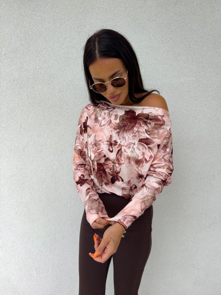 Bluzka ASYMETRIC print kwiaty – brąz