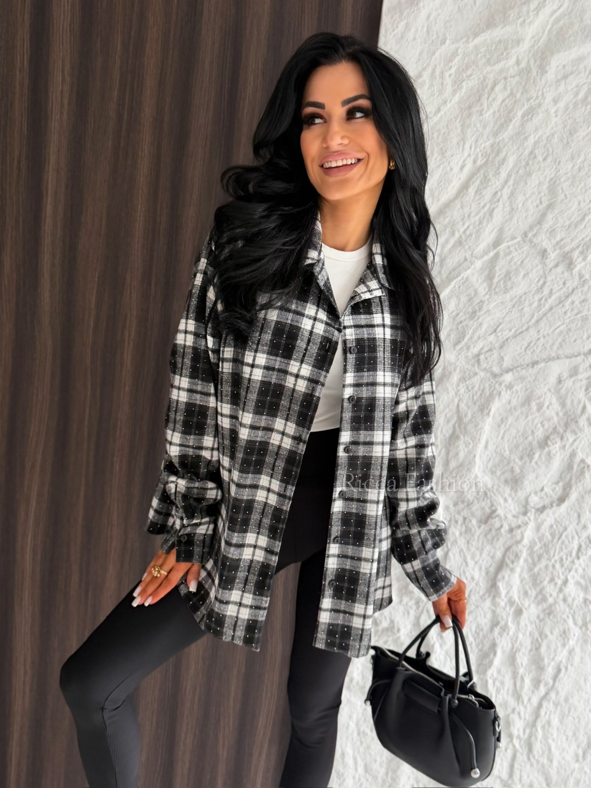Koszula AURA krata z cyrkoniami, white/black