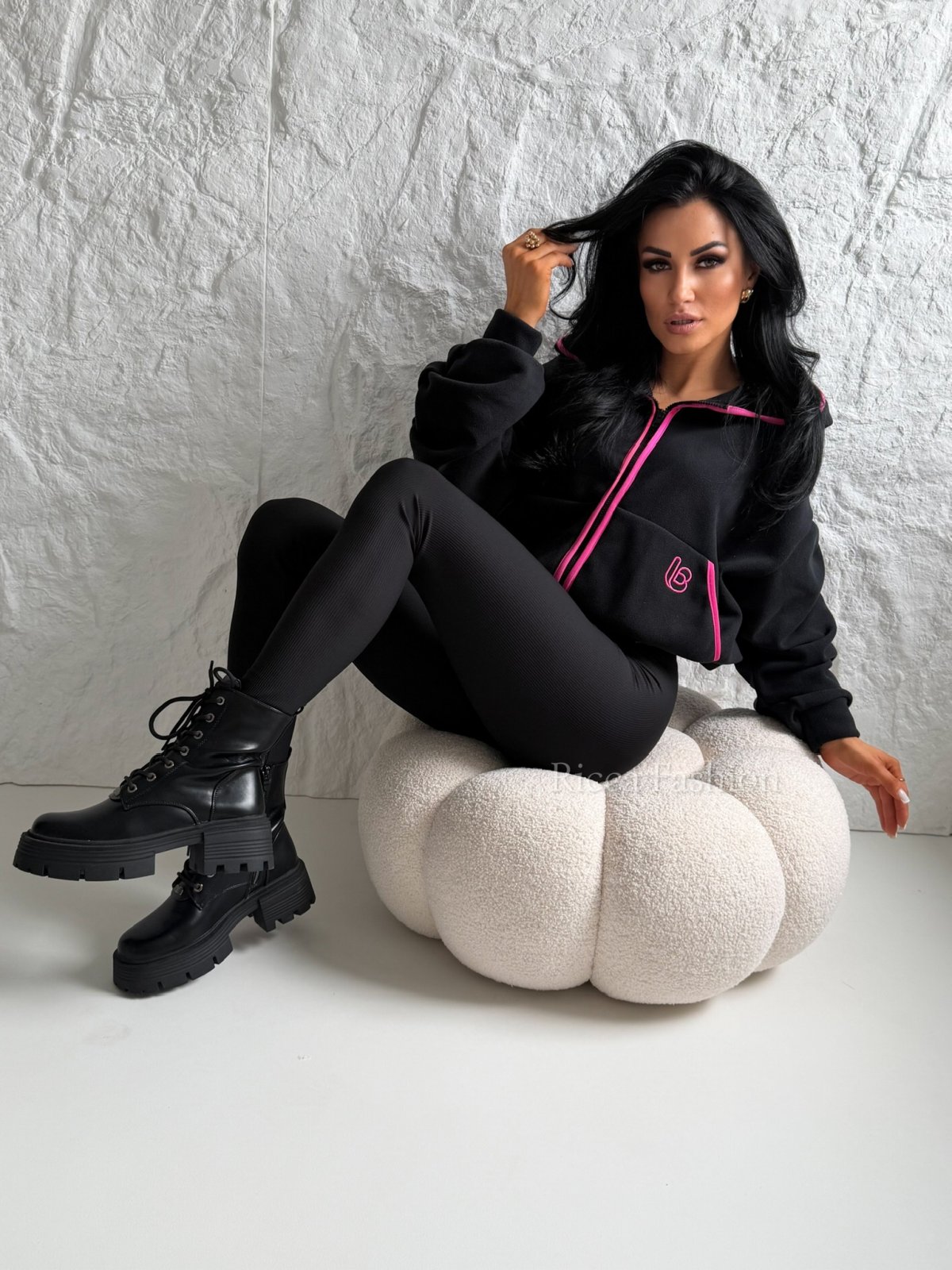 Bluza polarowa z kapturem LENI, black/pink