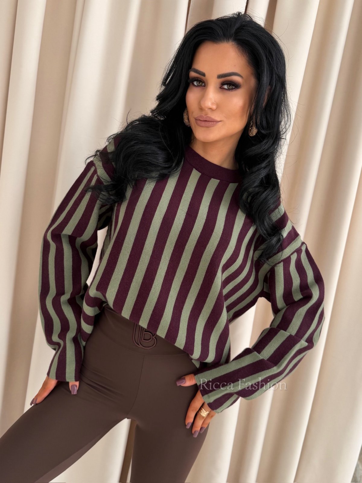 Sweterek w paski SABLE, burgundowo-khaki