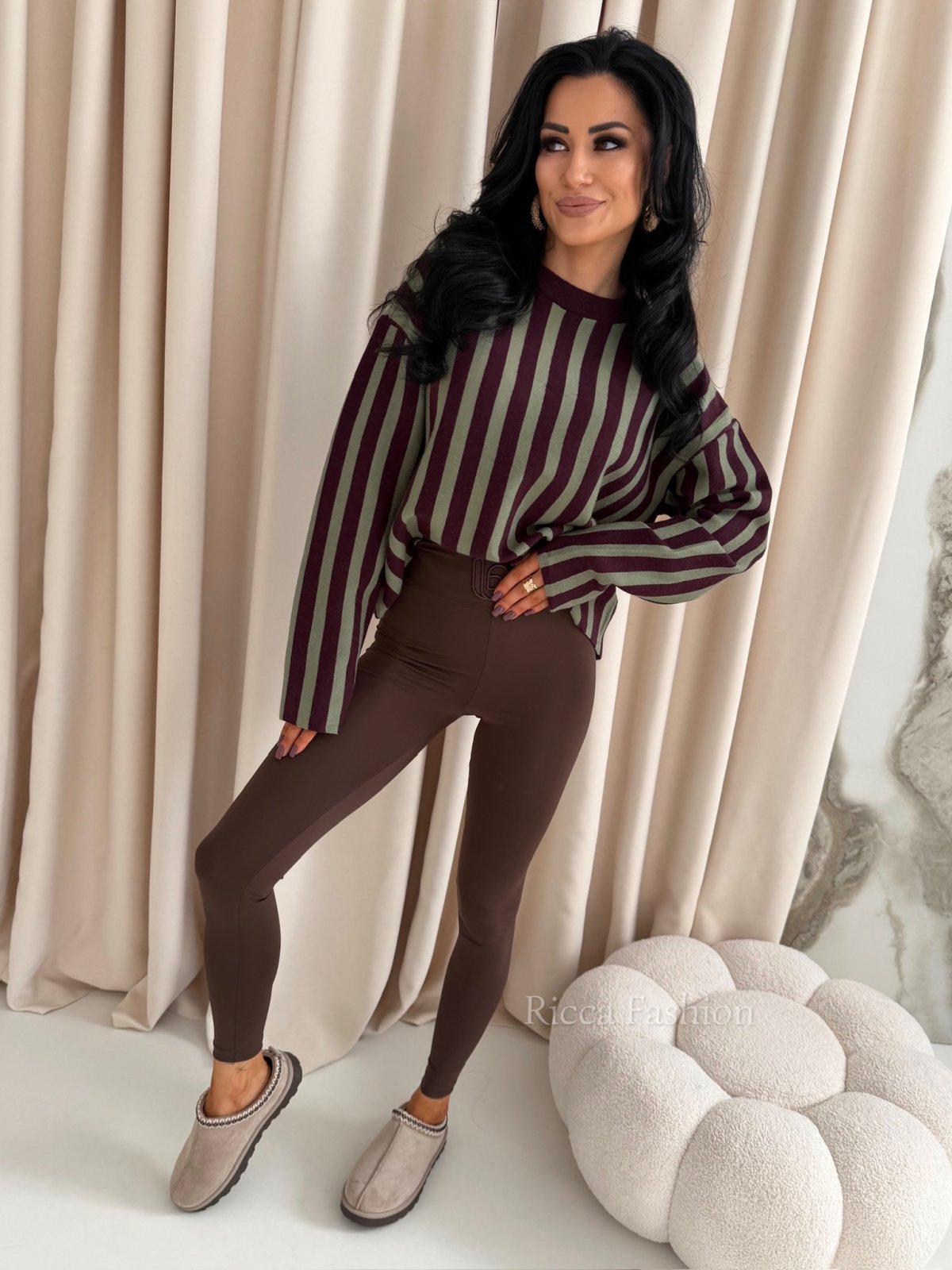 Sweterek w paski SABLE, burgundowo-khaki