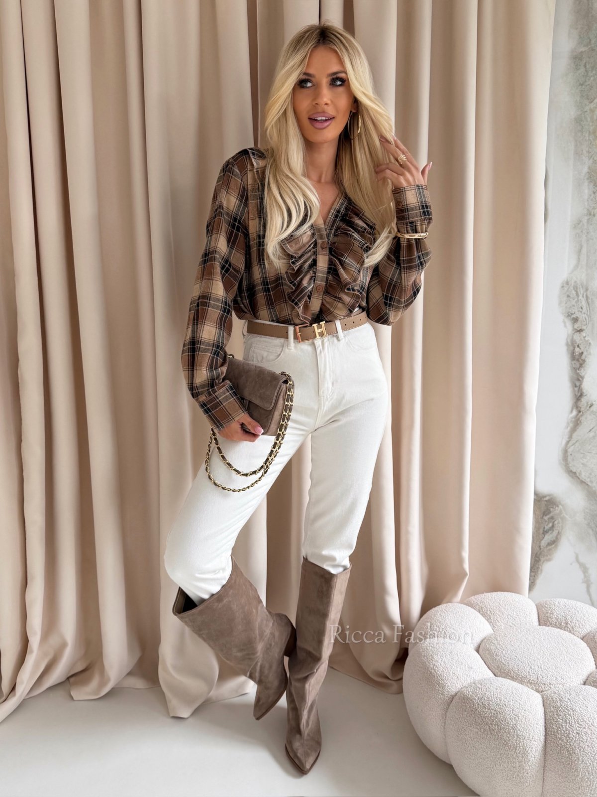 Koszula bawełniana z falbanką MABEL, carmel-beige