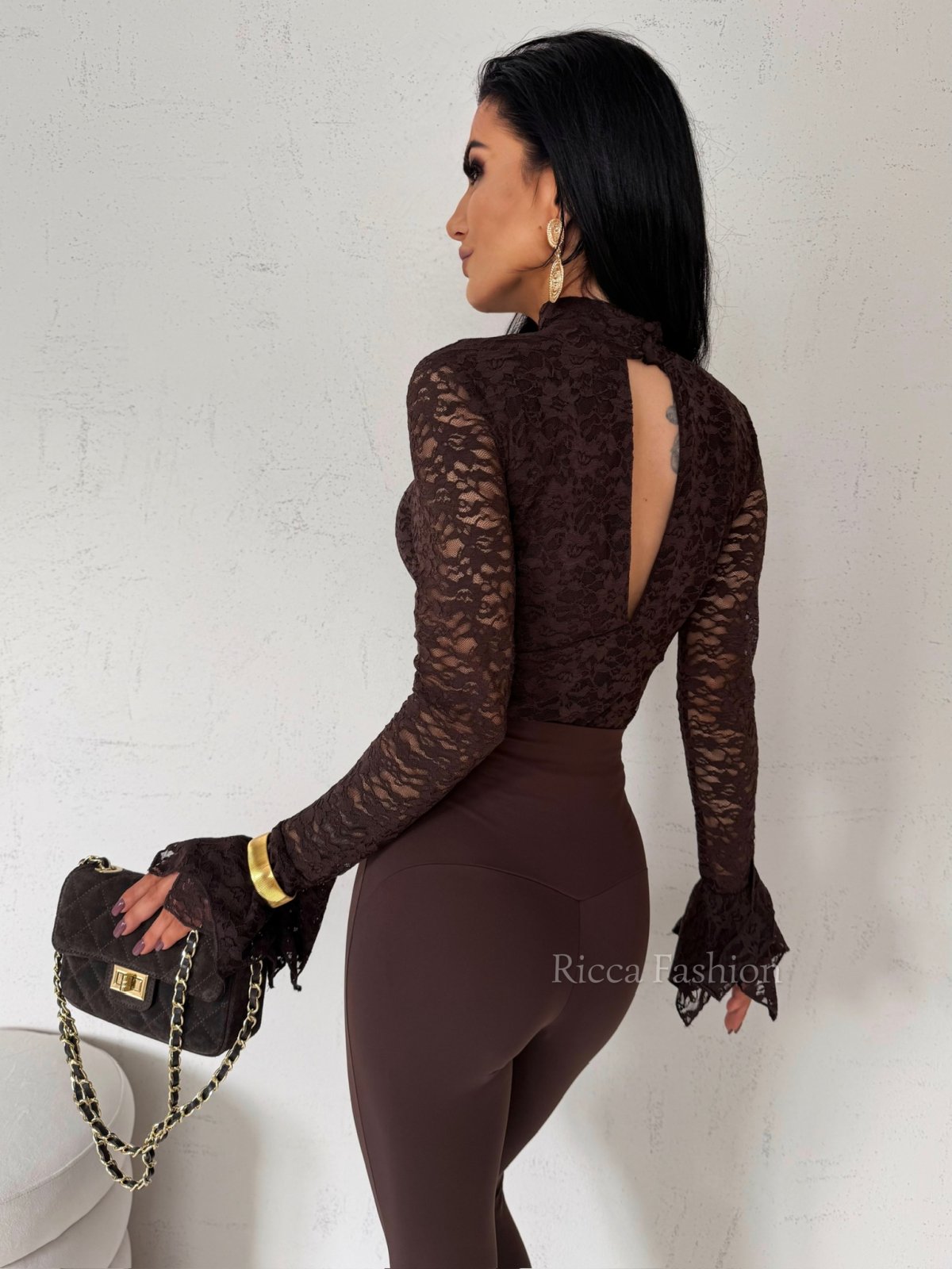 Body z koronki z falbankami TEASE, chocolate
