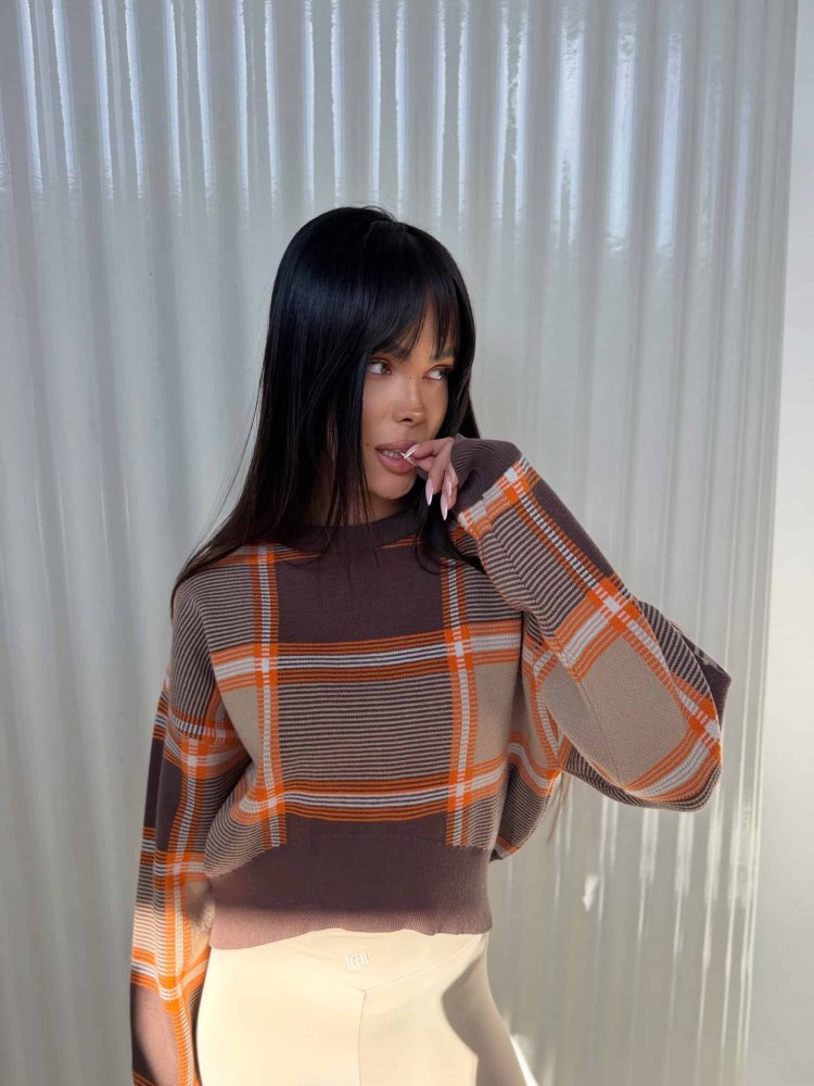 Sweter PLAID, czekolada
